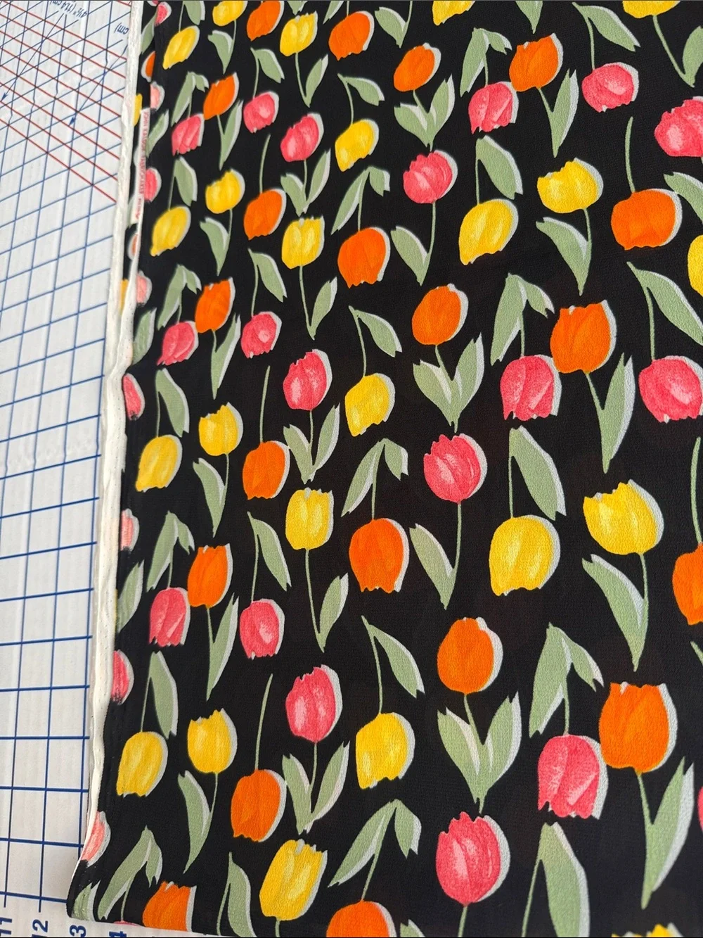 Vintage John Kaldor Fabric 1980s Tulip Floral Black Dress Fabric 3 Yards x 44